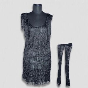 California Costumes Flapper Dress Fringe Mesh Stockings Stretchy Black sz S
